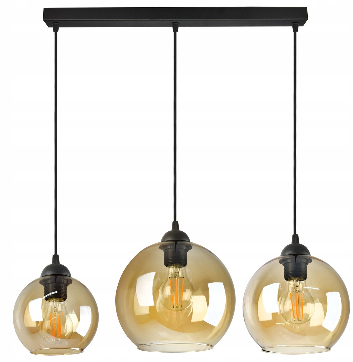 Merkloze Hanglamp met 3 Honingkleurige Glazen Bollen, Zwart Metaal