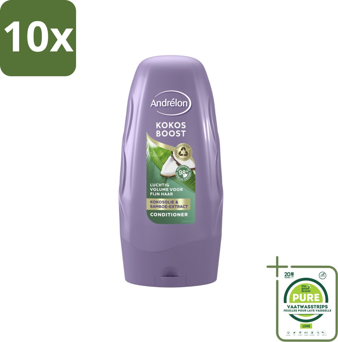10 x Andrélon - Kokos Boost - Conditioner - Intensieve Voeding - 250 ml - Grootverpakking - Fijn Haar - Volume - Voeding - Kokosolie - Bamboe-extract