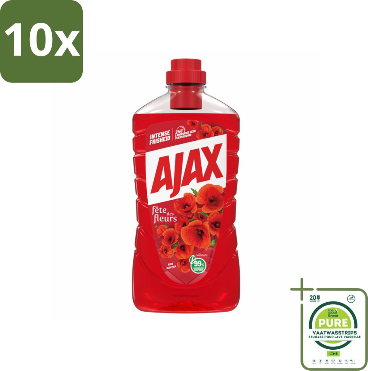 10 x Ajax Allesreiniger Fete de Fleur Rode bloemen 1 liter - Grootverpakking - Allesreiniger - Reinigingsmiddel - Bloemen Geur - Natuurlijke Reiniging - Frisheid