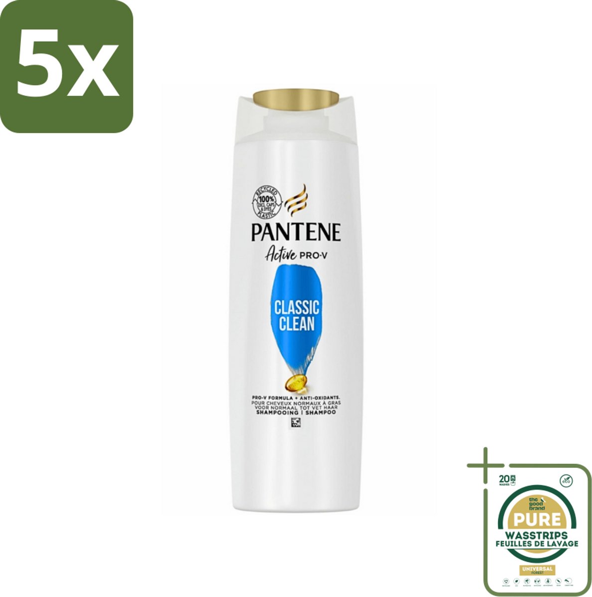 5 x Pantene - Shampoo - Classic Clean - Verfrissende Reiniging - Voor Normaal Haar - 225 ml - Grootverpakking - Pantene Classic Clean Shampoo - Verfrissende Reiniging - Normaal Haar - Pro-V Voedingsstoffen - Gezonde Glans