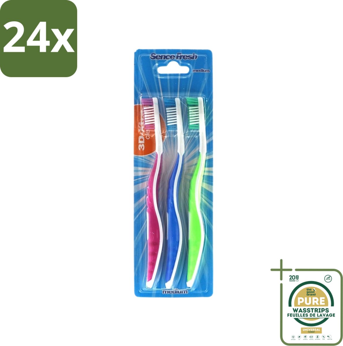 Sence - Fresh 3D-Extra Clean - Tandenborstels - Medium - 3 Tandenborstels - Voordeelverpakking - 24 stuks - Tandenborstel 3d - Tandenborstel extra clean