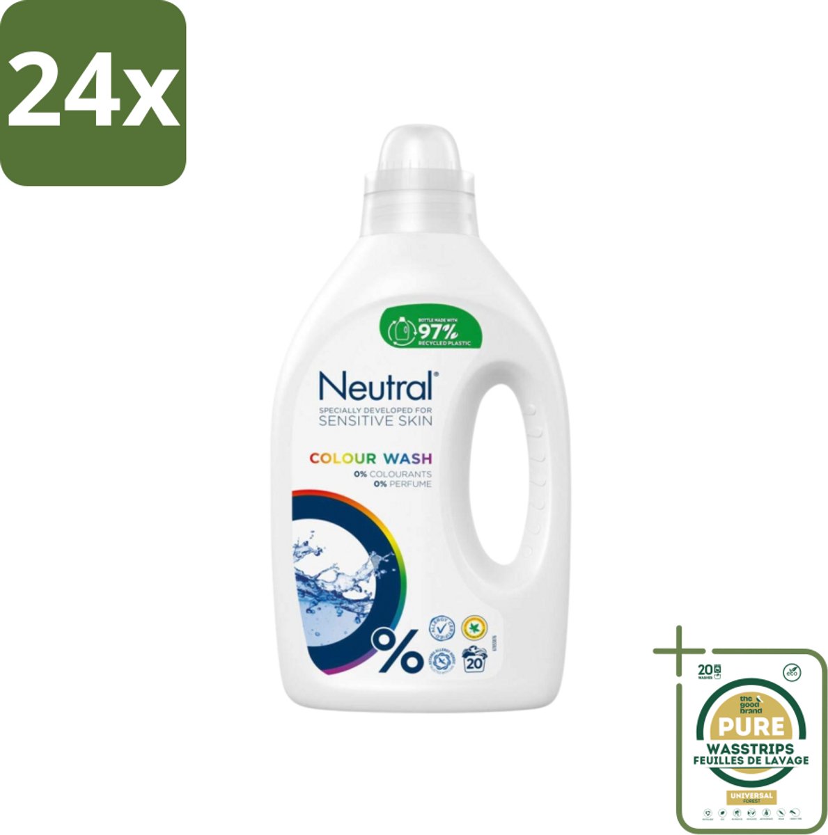 Neutral Vloeibaar Wasmiddel Kleur 20 Wasbeurten 1 liter - Voordeelverpakking - 24 stuks - Wasmiddel zonder parfum - Wasmiddel zonder kleurstof