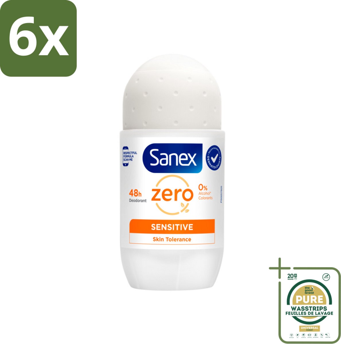 Sanex Deodorant Roller Zero% Sensitive Skin 50 ml - Voordeelverpakking - 6 stuks - Parabenenvrije deodorant - Gevoelige huid