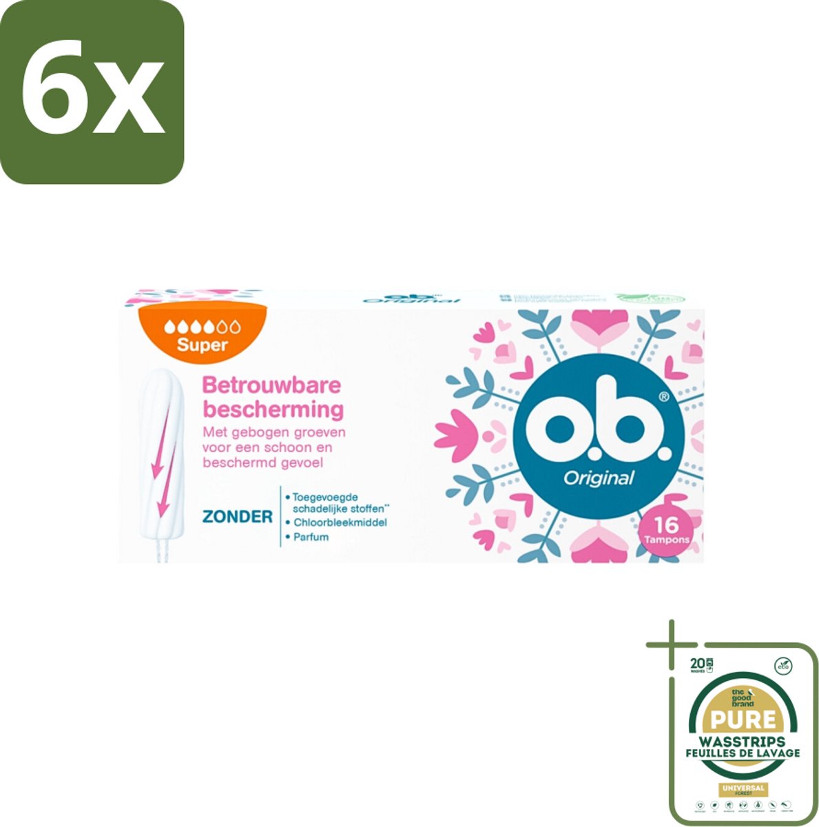 o.b. Tampons - Original Super - Gebogen Groeven - Voor Betrouwbare Bescherming - 16 Tampons - Voordeelverpakking - 6 stuks - Gebogen groeven - StayDry