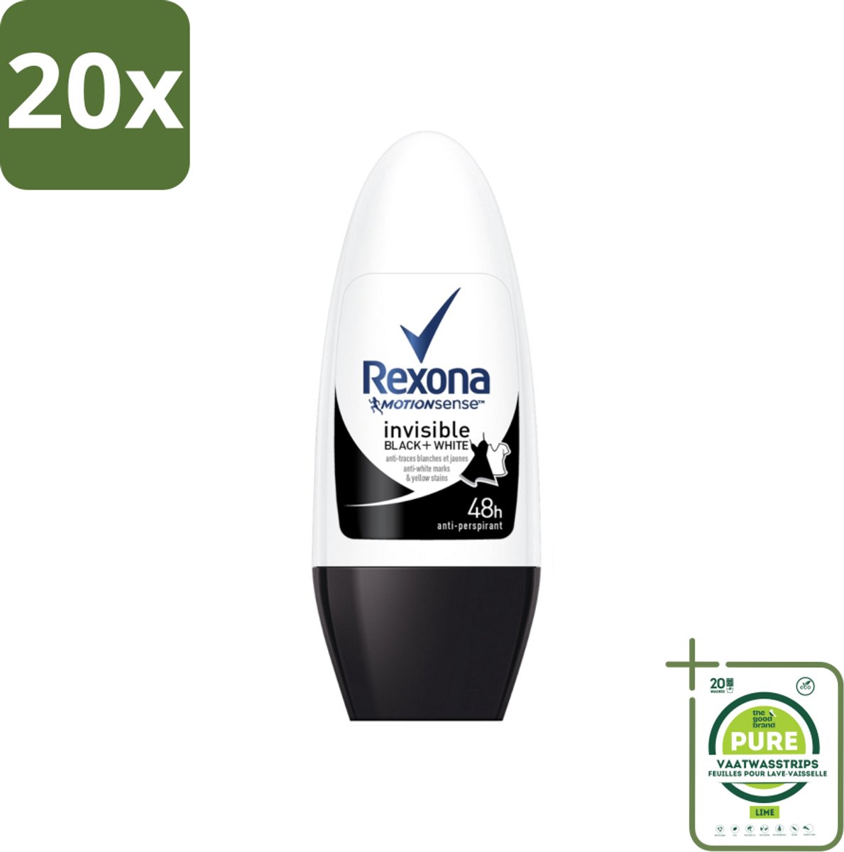 20 x Rexona - Invisible Black & White - Deo Roller - Anti-transpirant - 50 ml - Grootverpakking - Deodorant - Anti-transpirant - Vlekkenvoorkomend - 48 Uur Bescherming - Roll-on