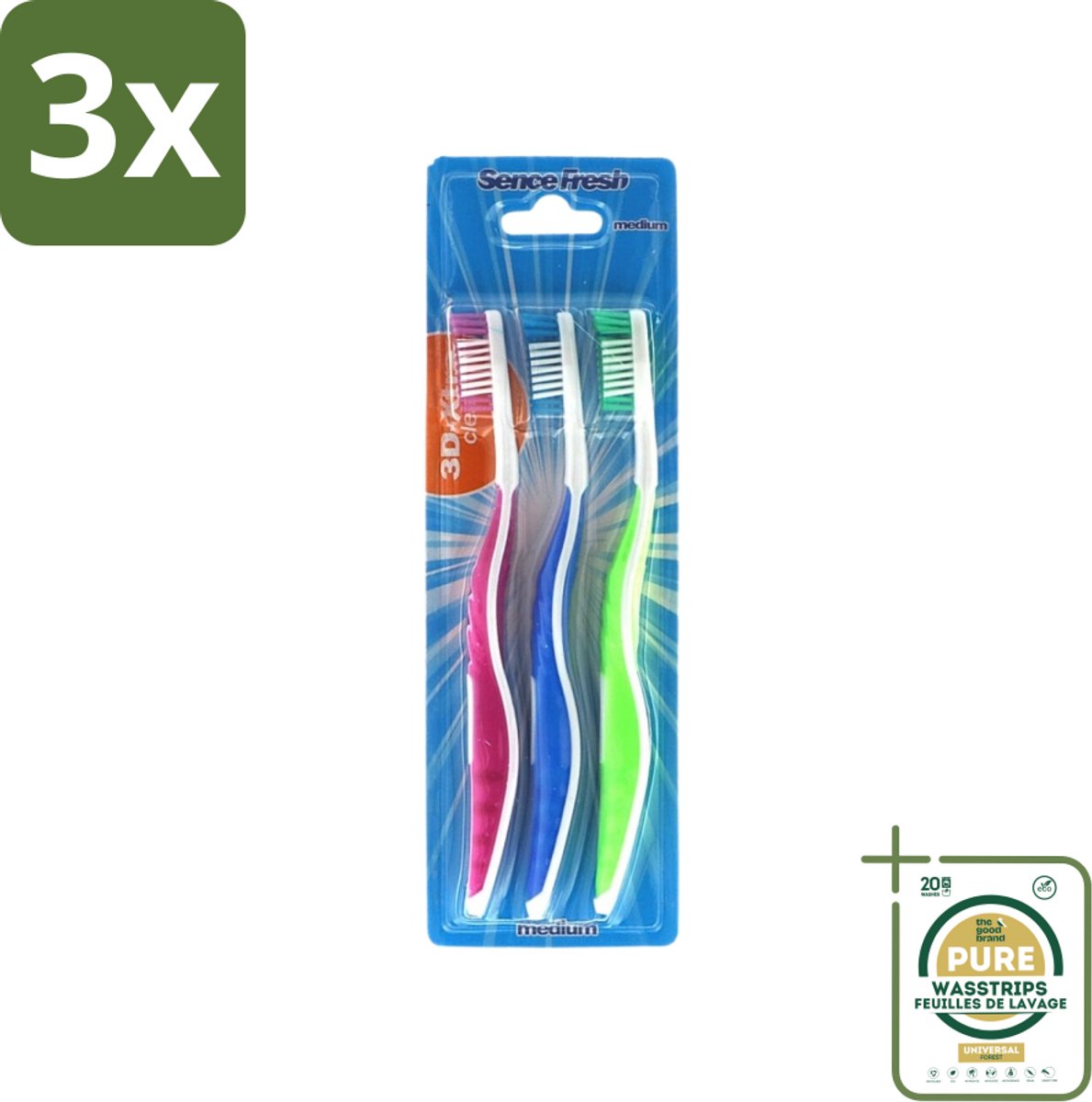 3 x Sence - Fresh 3D-Extra Clean - Tandenborstels - Medium - 3 Tandenborstels - Grootverpakking - Tandenborstel - Tandenborstels - Tandenborstel Set - 3D-ontwerp - Tandenborstel Medium