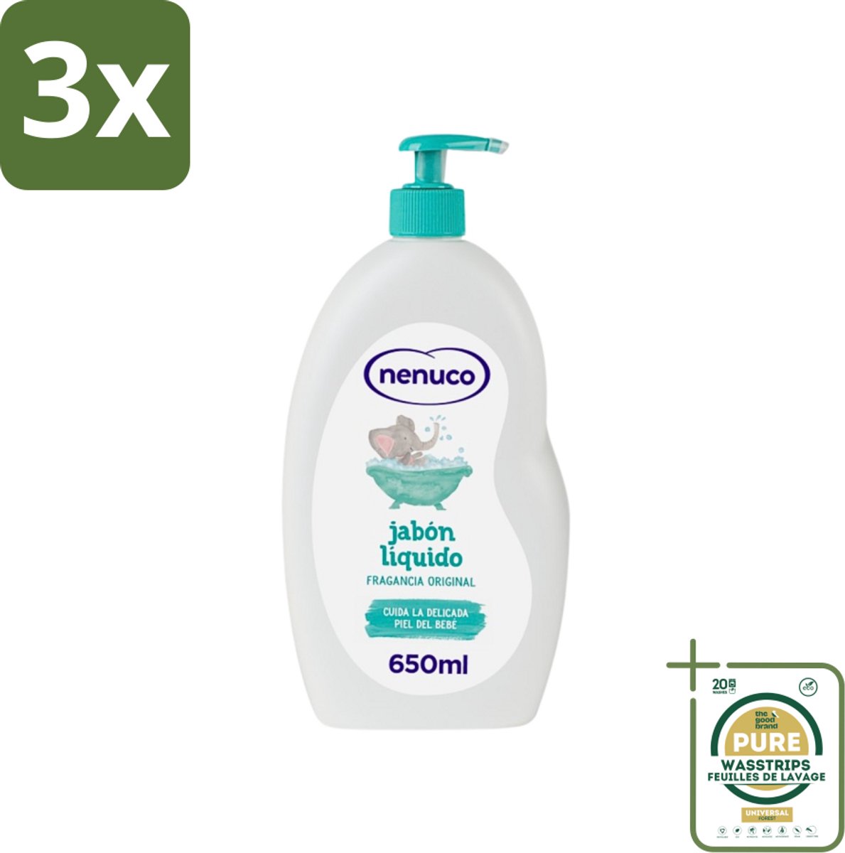 3 x Nenuco - Jabon Líquido - Vloeibare Zeep - Originele Geur - Met Doseerpomp - 650 ml - Grootverpakking - Vloeibare Zeep - Handzeep - Douchegel - Badzeep - Baby Huid