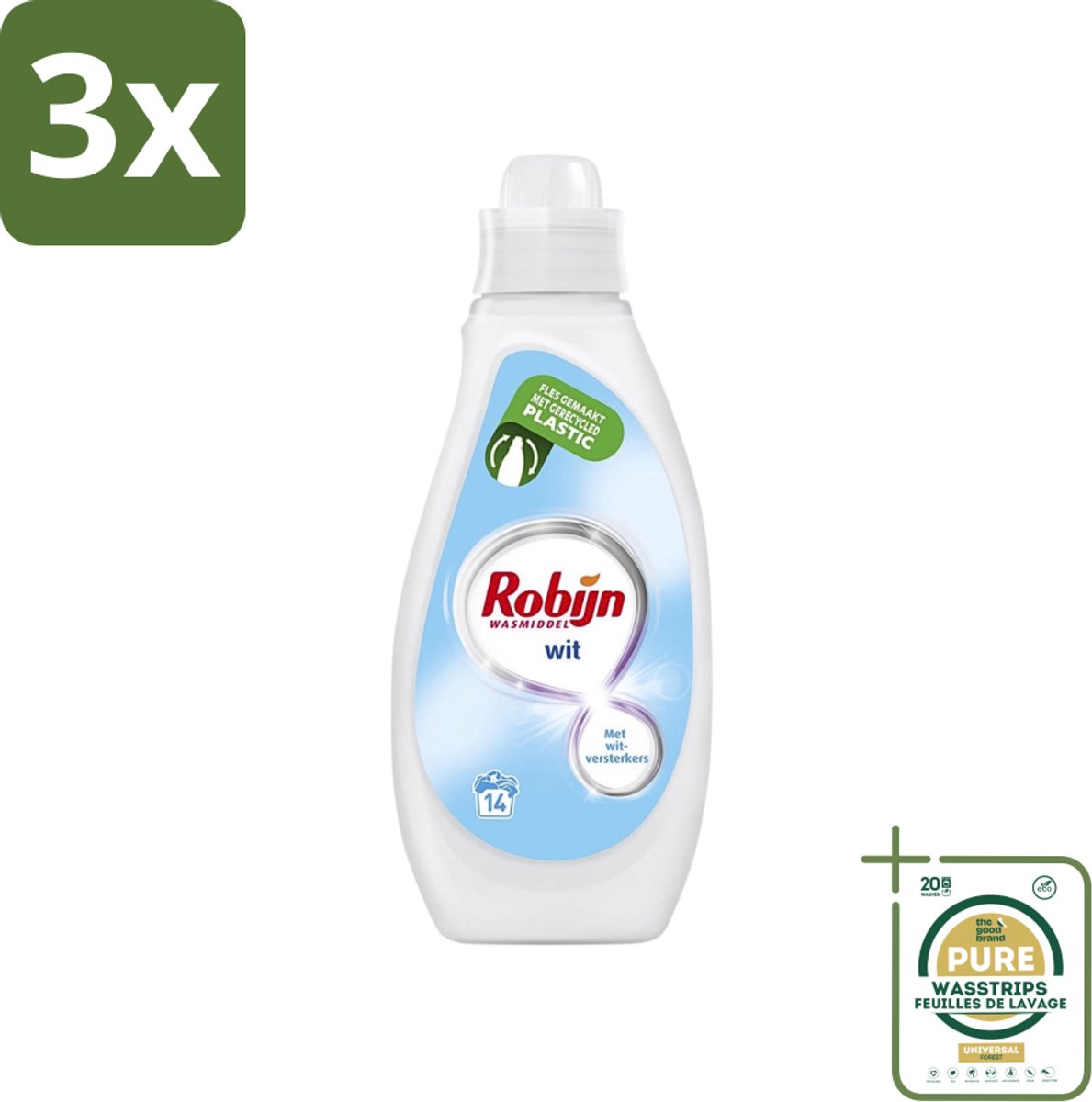 3 x Robijn - Wit - Vloeibaar Wasmiddel - Met Witversterkers - 14 Wasbeurten - 700 ml - Grootverpakking - Wit Wasmiddel - Witversterker - Stralend Wit - Vloeibaar Wasmiddel - Wasbeurt