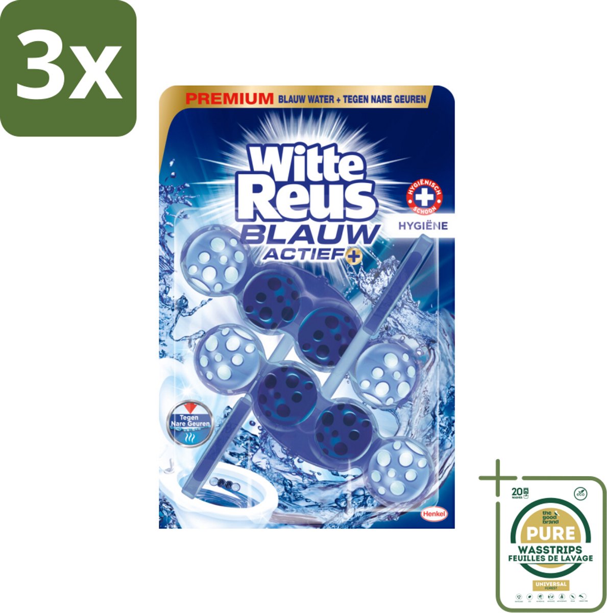 3 x Witte Reus Toiletblok Blauw Actief Hygiëne 2 stuks per verpakking - Grootverpakking - Toiletblok - Hygiëne - Blauw Water - Reiniging - Kalkaanslag
