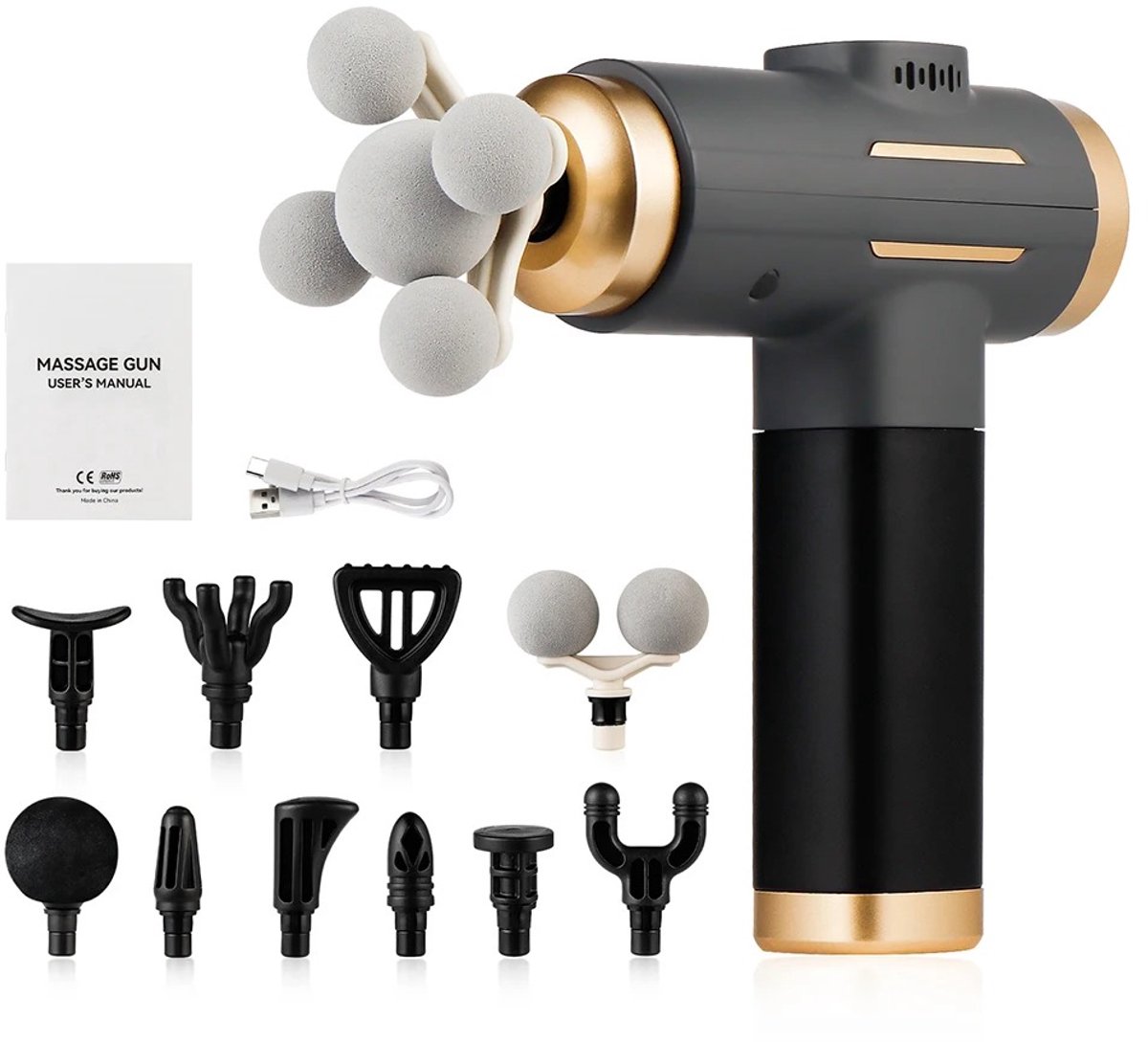 Reky Massage gun Pro - Massage pistool - Ontspanning - Draadloos - 11 Massagekoppen - UCB-C Kabel - 21 x 20,6 x 5.6 cm - Zwart