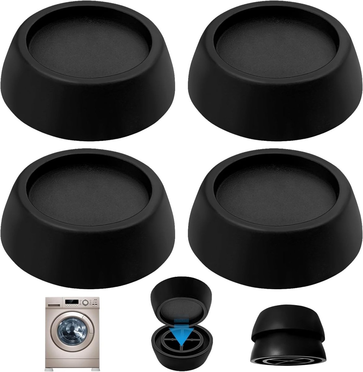 4 Stuks Universele Antivibratie Voetjes voor Wasmachine en Droger, Schokabsorberende Rubber Pads voor Meubels en Koelkast, Zwart