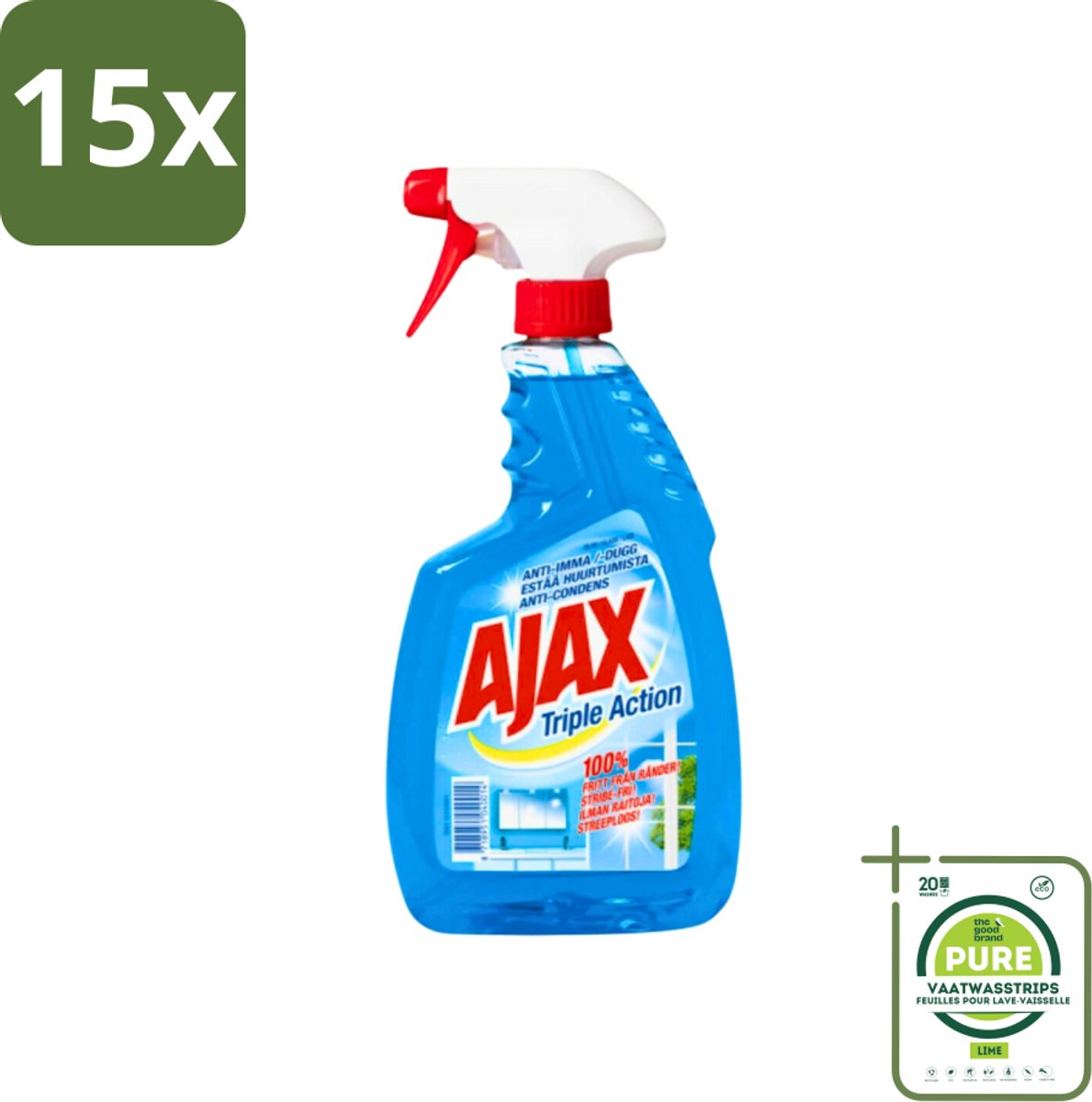 15 x Ajax - Glasreiniger Spray - Triple Action - Streeploos Schoon - Anti-Condens - 750 ml - Grootverpakking - Glas Reinigen - Ramen Reinigen - Glas Reiniger - Schrobben Vrij - Na Spoelen Vrij
