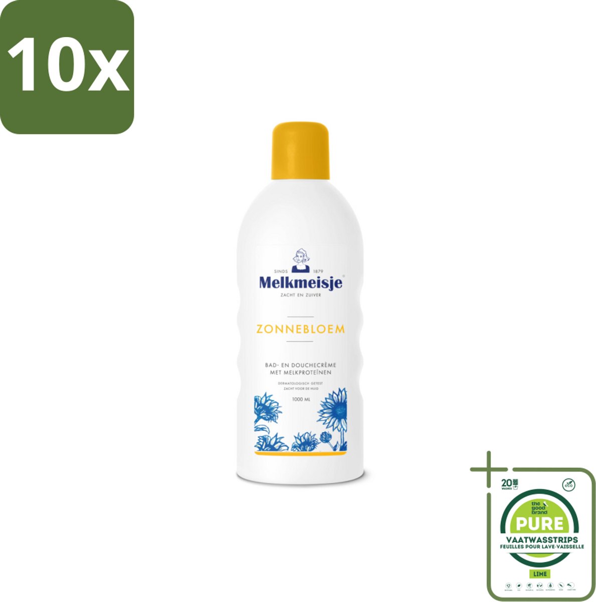 10 x Melkmeisje Bad en Douche Crème Zonnebloem en Melk 1000 ml - Grootverpakking - Douchecrème - Melkmeisje - Zonnebloem - Melkproteïnen - Huidverzorging