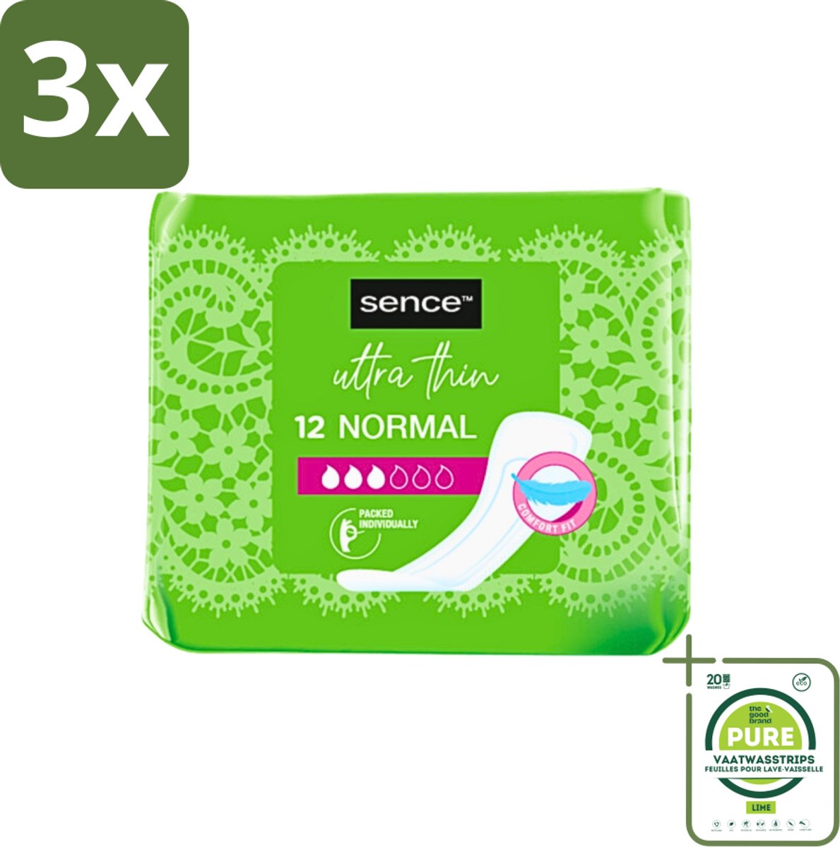 3 x Sence - Normaal - Maandverband - Zonder Vleugels - 12 Maandverbanden - Grootverpakking - Maandverband - Menstruatie - Menstruatiebescherming - Maandverband Zonder Vleugels - Normale Menstruatie