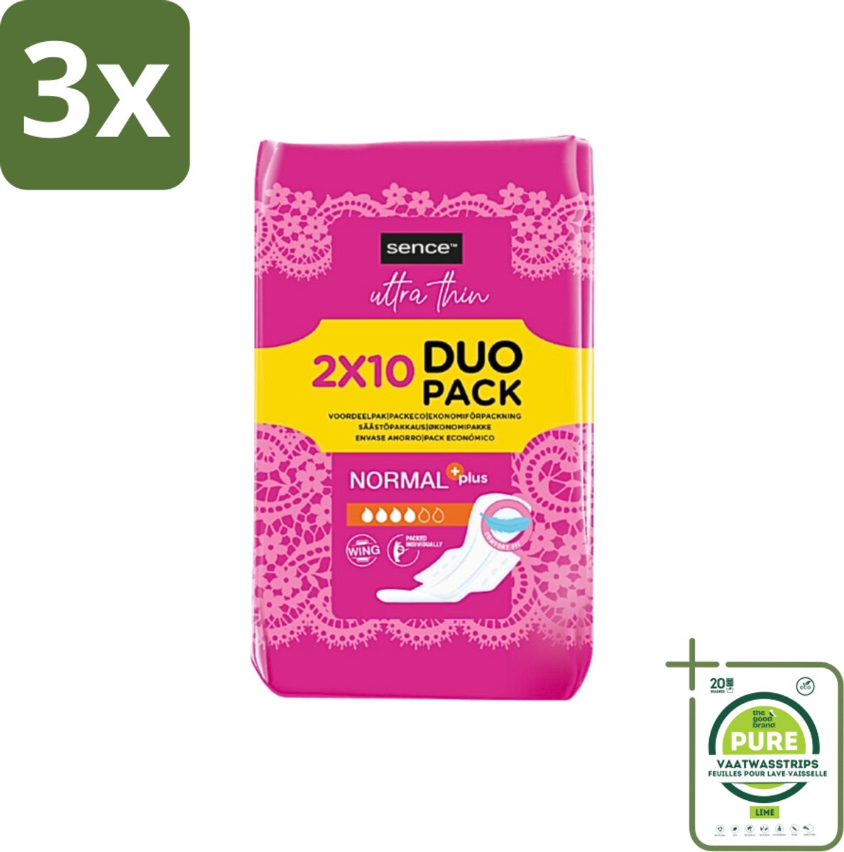 3 x Sence - Normaal - Maandverband - Zonder Vleugels - 2 x 10 Maandverbanden - Grootverpakking - Maandverband - Menstruatie - Normale Menstruatie - Discreet Maandverband - Zonder Vleugels