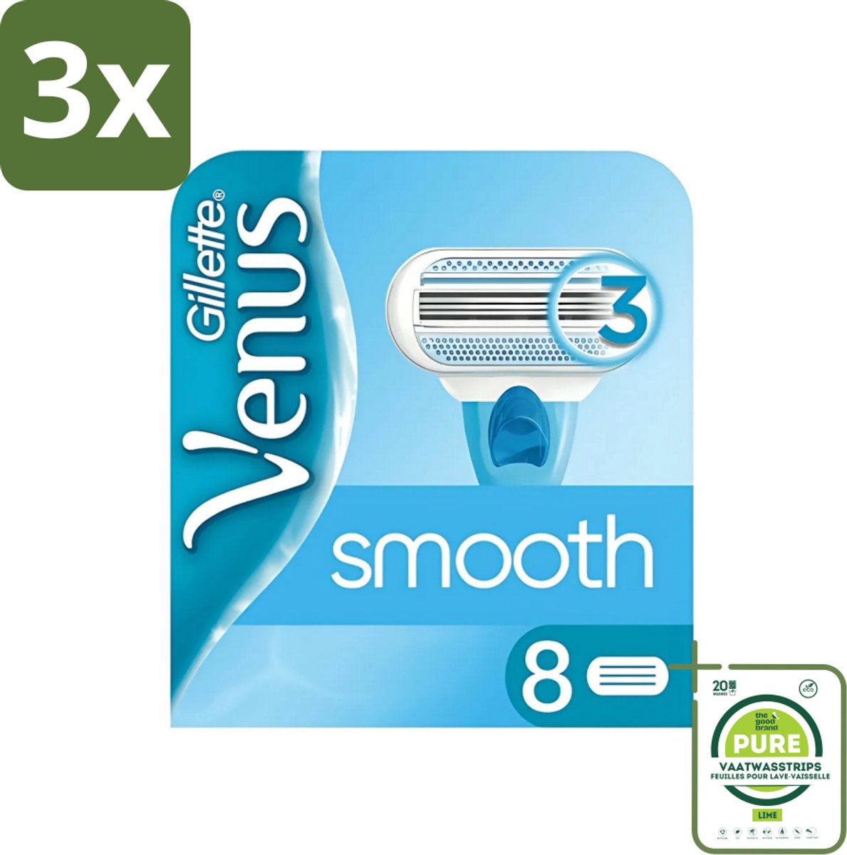 3 x Gillette - Venus Smooth - Zachte scheerbeurt - 8 Navulscheermesjes - Grootverpakking - Venus Smooth - Scheermesjes Voor Vrouwen - Zachte Scheerbeurt - Comfortabele Scheerbeurt - Huidbescherming