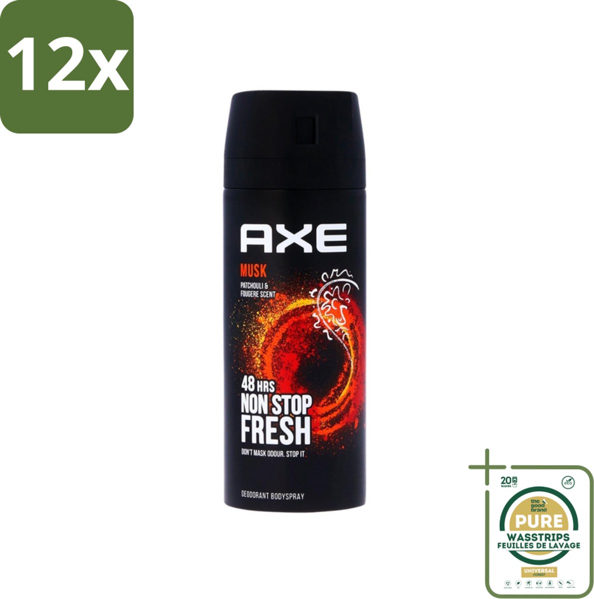 Axe - Deodorant Bodyspray - 48hrs Non Stop Fresh - Musk - Patchouli & Fougere - 150 ml - Voordeelverpakking - 12 stuks - Deodorant Spray - Lichaamsgeur