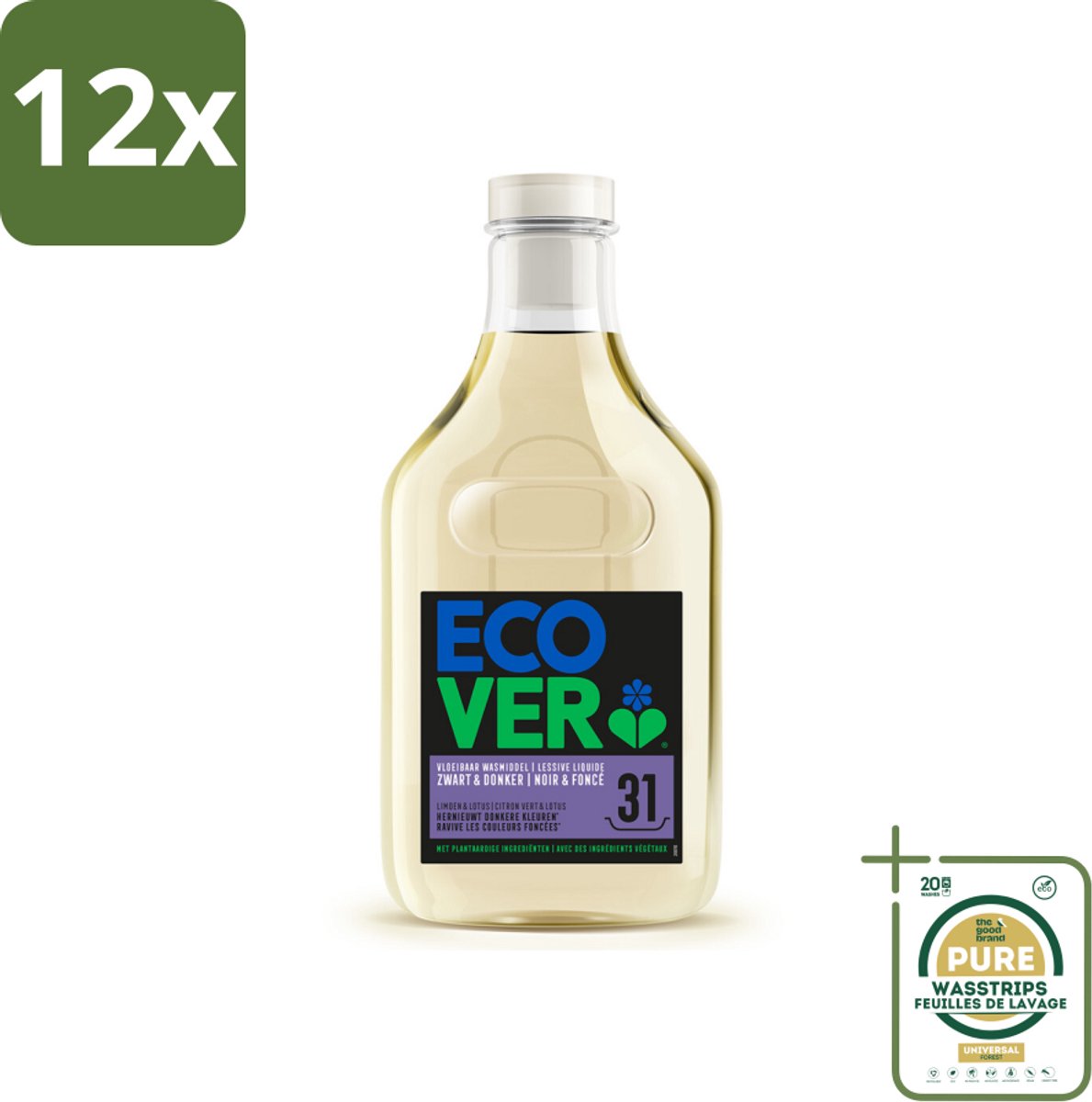 Ecover Vloeibaar Wasmiddel Zwart & Donker - Limoen & Lotus 31 Wasbeurten 1,43 liter - Voordeelverpakking - 12 stuks - Plantaardig wasmiddel - Milieuvriendelijk wasmiddel