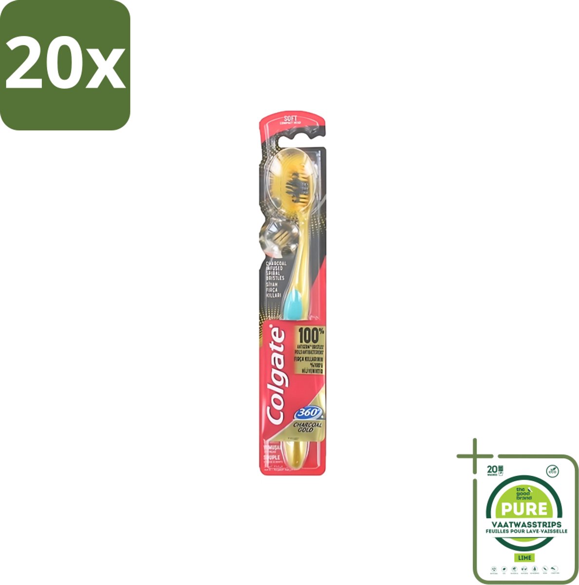 20 x Colgate - Tandenborstel - 360 Charcoal Gold Soft - Zwart/Goud - 1 Tandenborstel - Grootverpakking - Tandenborstel - Houtskool - Tanden Reinigen - Tanden Witter Maken - Tandenborstel Houtskool