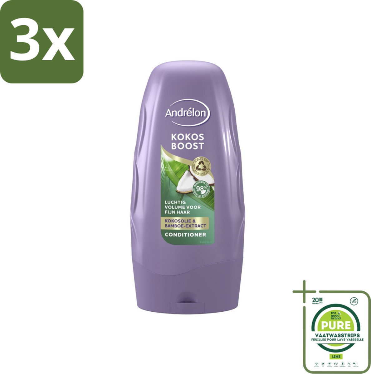 3 x Andrélon - Kokos Boost - Conditioner - Intensieve Voeding - 250 ml - Grootverpakking - Fijn Haar - Volume - Voeding - Kokosolie - Bamboe-extract