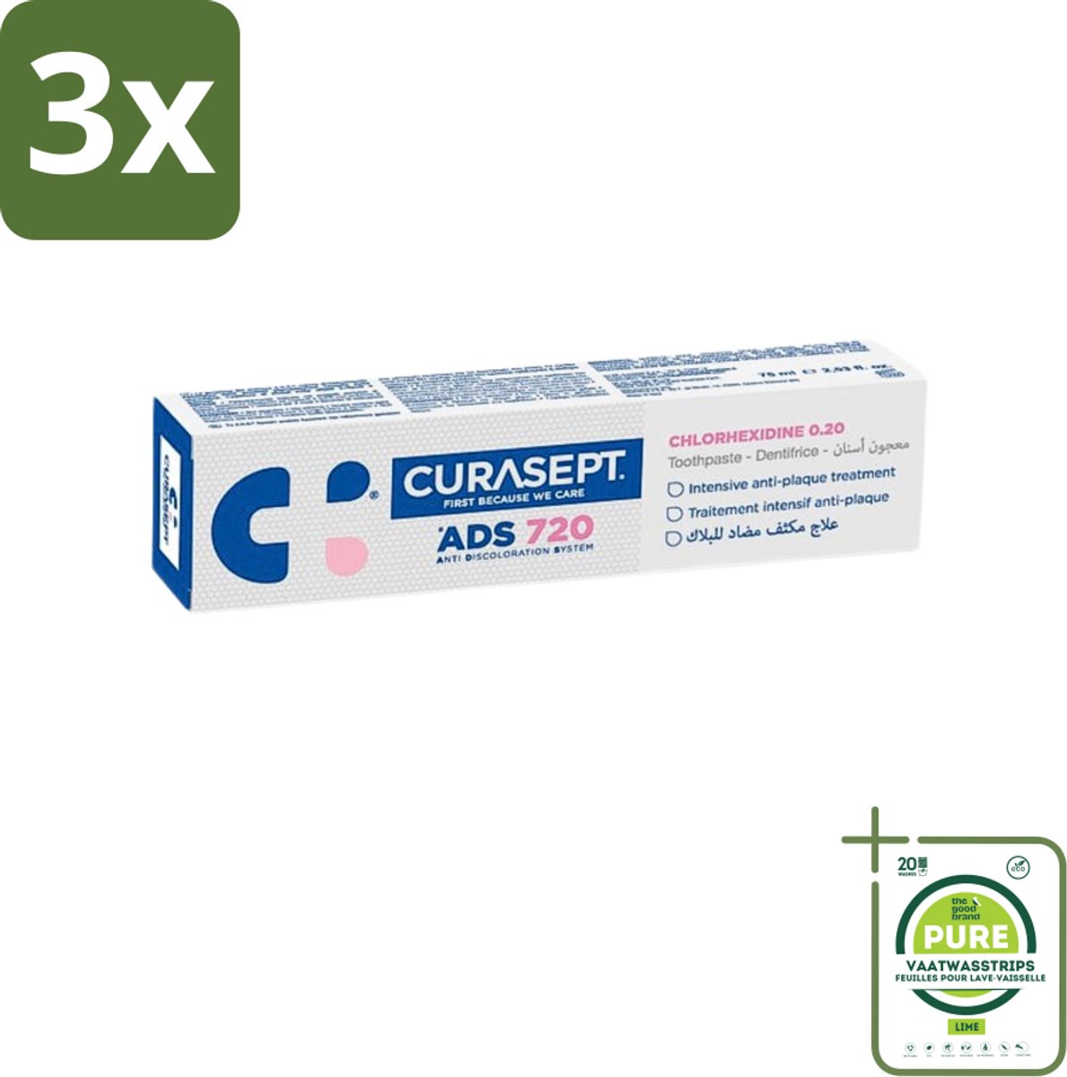 3 x Curasept - ADS 720 Gel-Tandpasta - Chloorhexidine 0.20% - Beschermt Tandvlees & Tanden - 75 ml - Grootverpakking - Tandpasta - Chloorhexidine - Ontstoken Tandvlees - Peri-implantitis - Mondhygiëne