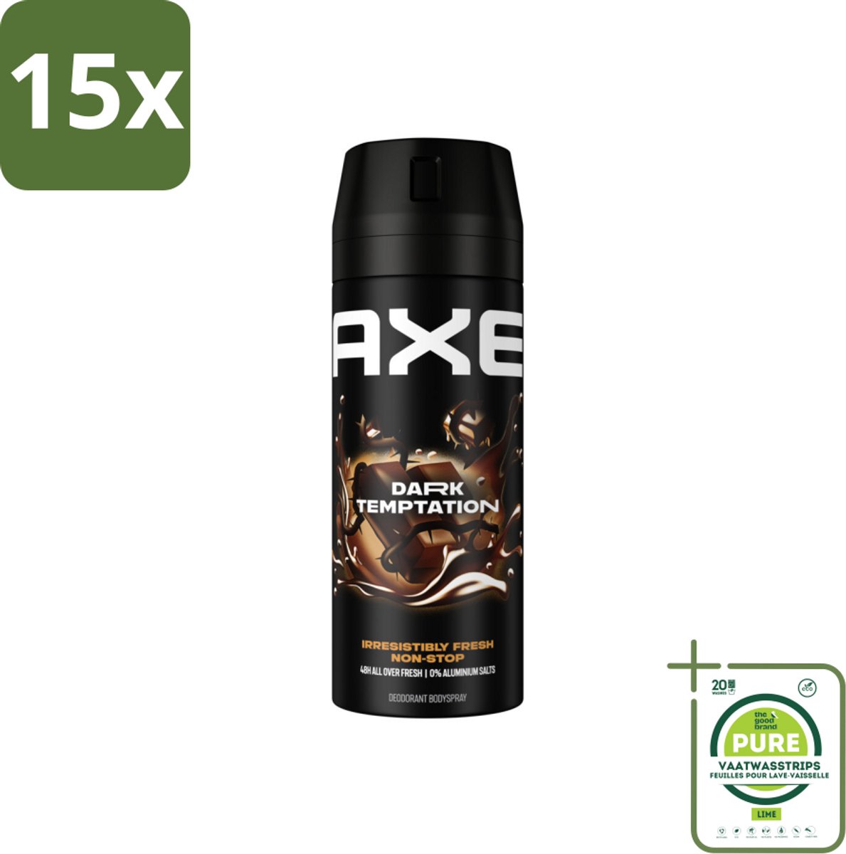 15 x Axe Deodorant Bodyspray Dark Temptation 150 ml - Grootverpakking - Axe Deodorant - Deodorant Bodyspray - Geurbeheersing - Donkere Chocolade - Kruiden