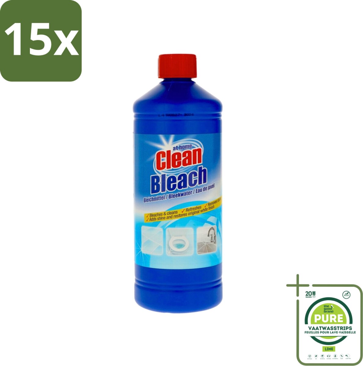 15 x At Home - Clean - Bleekmiddel - Hersteld Oorspronkelijke Wit - 1 L - Grootverpakking - Bleken - Reinigen - Vlekken Verwijderen - Witte Glans Herstellen - Huishoudelijke Producten
