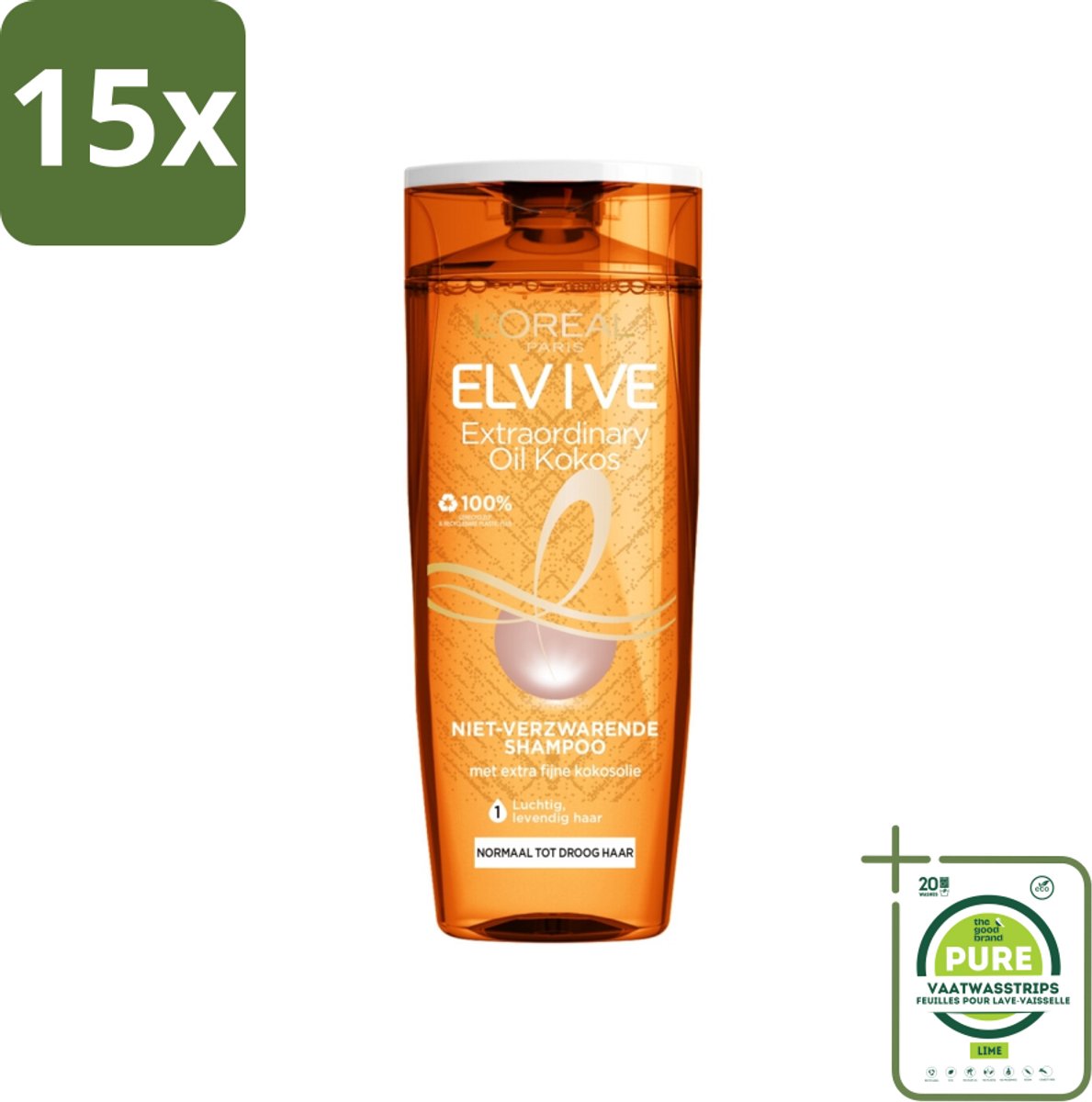 15 x L'Oréal Paris Elvive - Shampoo - Extraordinary Oil - Kokosolie - Voor Droog Haar - 250 ml - Grootverpakking - Droog Haar - Kokosolie Shampoo - Fijne Kokosolie - Siliconenvrije Shampoo - Voedend Shampoo