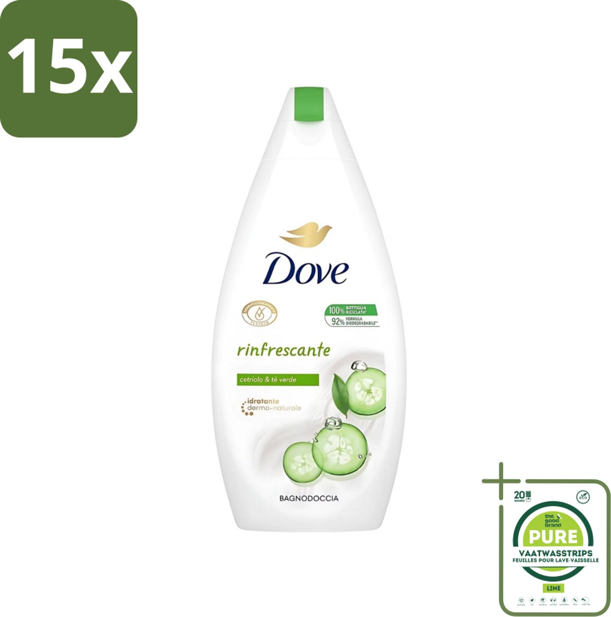 15 x Dove - Douchegel - Refreshing - Komkommer & Groene thee - Verfrissend - 400 ml - Grootverpakking - Douchegel - Frisheid - Reiniging - Uitdroging - Scrub