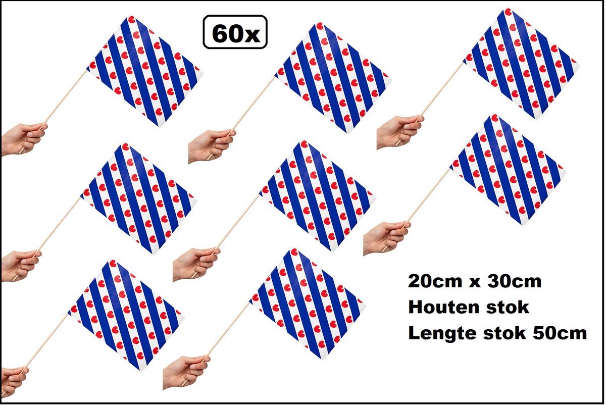 60 stuks Luxe Zwaaivlaggetjes op stok Friesland 20cm x 30cm - lengte stok 50cm - Zwaai vlaggetjes Pompebled thema feest voetbal festival uitdeel