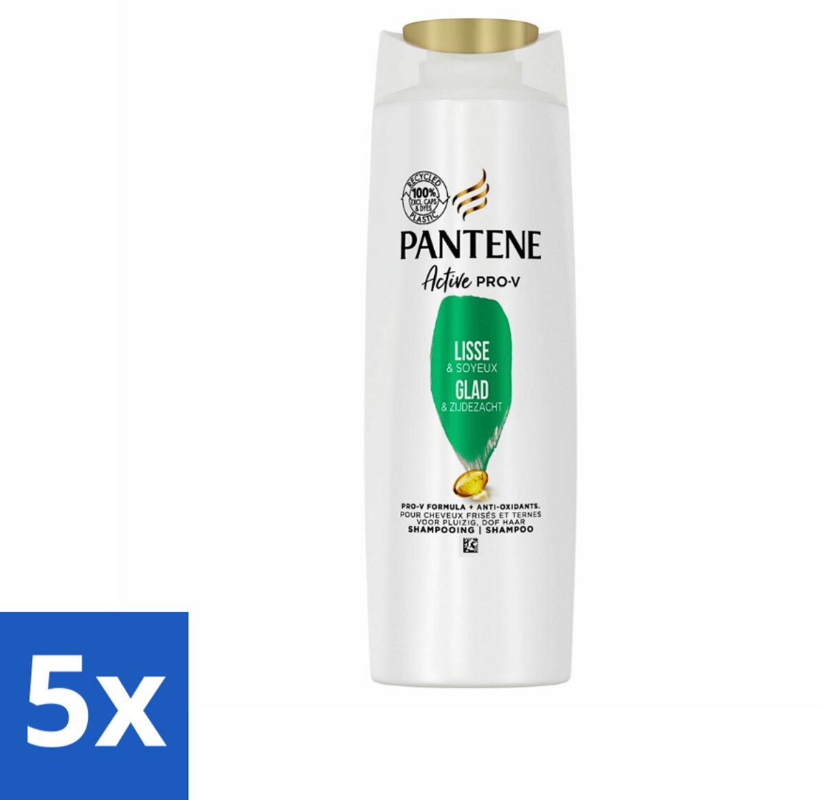 5 x Pantene - Shampoo - Glad & Zijdezacht - Voedt en Versterkt - Voor Pluizig Haar - 225 ml - Pluis - Droog Haar - Zijdezacht Haar - Haar Verzorging - Haar Voeding