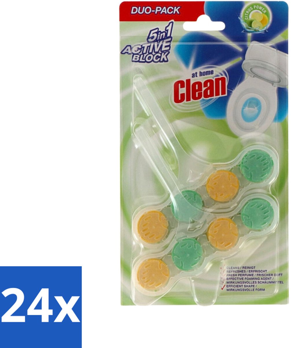 24 x At Home - Clean - Toiletblok - 5in1 Active - Citrus Power - Neutraliseert & Reinigt - 2 Blokken - Toiletblok - Toilet Reinigen - Citrus Geur - Schuimmiddel - Toilet Reinigingsmiddel