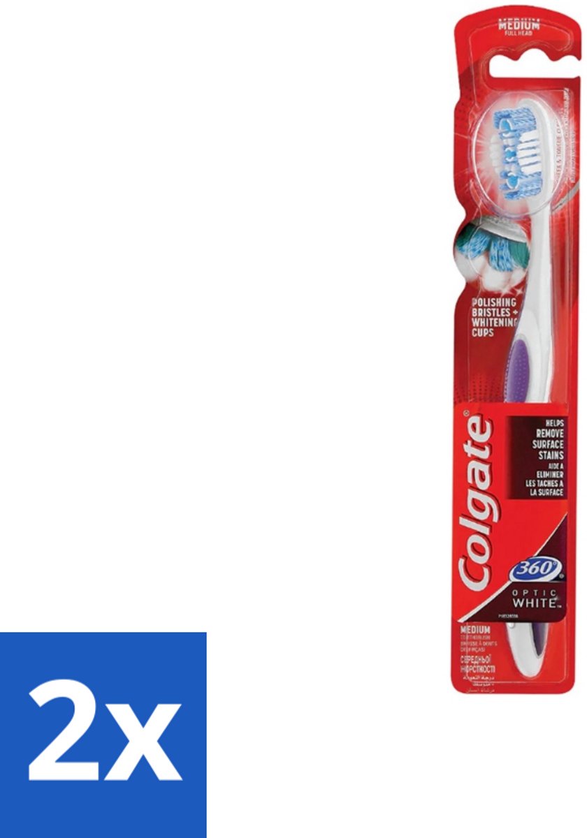 2 x Colgate - Tandenborstel - 360 Optic White Medium- Wit - 1 Tandenborstel - Tandenborstel - Wittere Tanden - Mondverzorging - Tanden Reinigen - Tong Reinigen