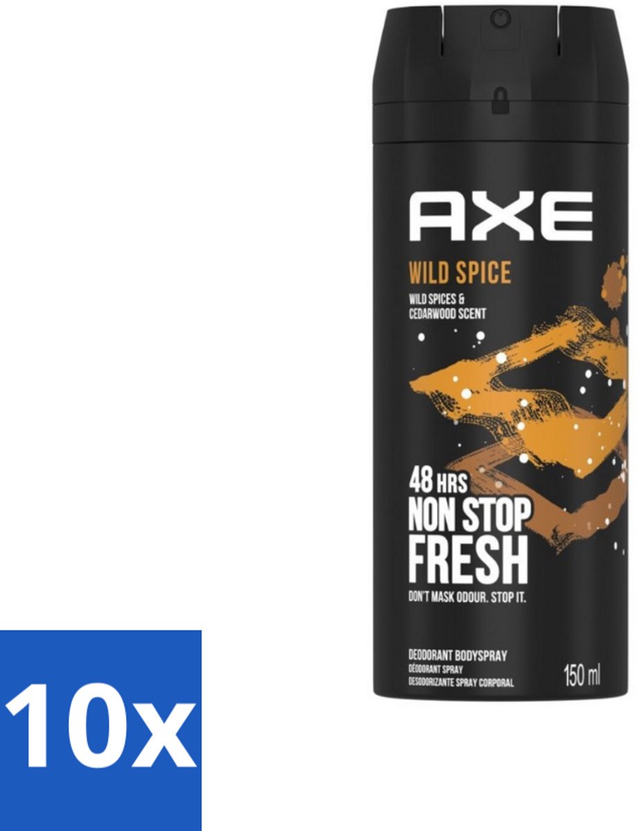 10 x Axe - Deodorant Bodyspray - 48hrs Non Stop Fresh - Wild Spice - Wild Spices & Cedarwood - 150 ml - Axe Wild Spice - Deodorant Bodyspray - 48 Uur Fris - Anti-geur - Cederhout Geur
