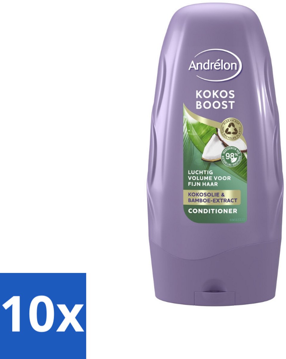 10 x Andrélon - Kokos Boost - Conditioner - Intensieve Voeding - 250 ml - Fijn Haar - Volume - Voeding - Kokosolie - Bamboe-extract