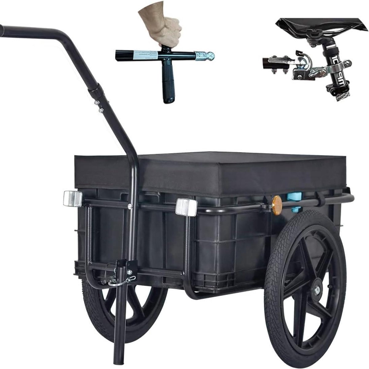 Fietsaanhanger Transportbox - Bagagekar Handkar - Goederen Vervoeren - 2-in-1 Functie - 70 Liter - Zwart