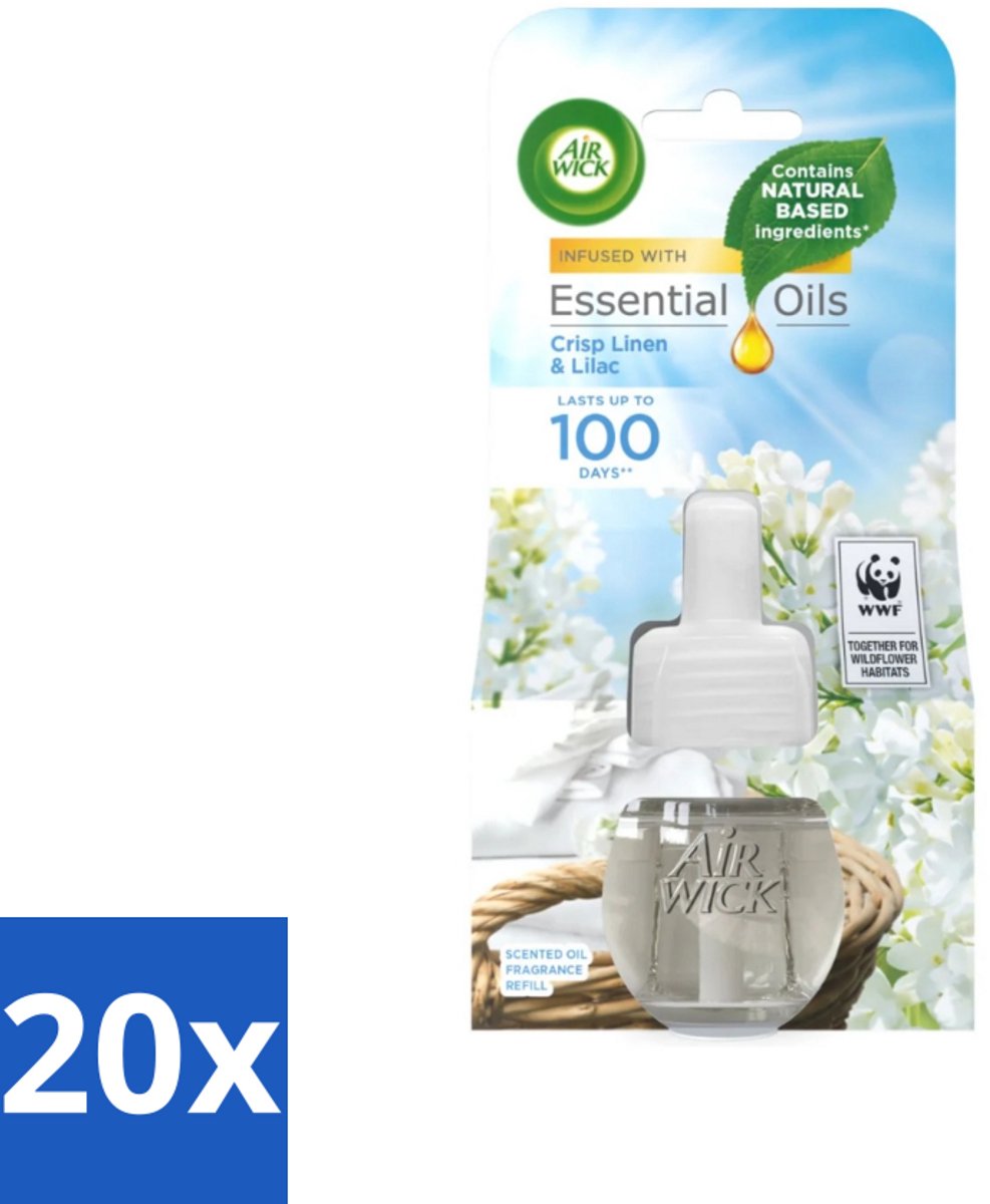 20 x Air Wick - Luchtverfrisser Navulling - Essentiële Oliën - Fris Linnen & Lilac - Elektrische Geurverspreider - 20 ml - Luchtverfrisser - Geurverspreider - Essentiële Oliën - Fris Linnen - Lila Geur