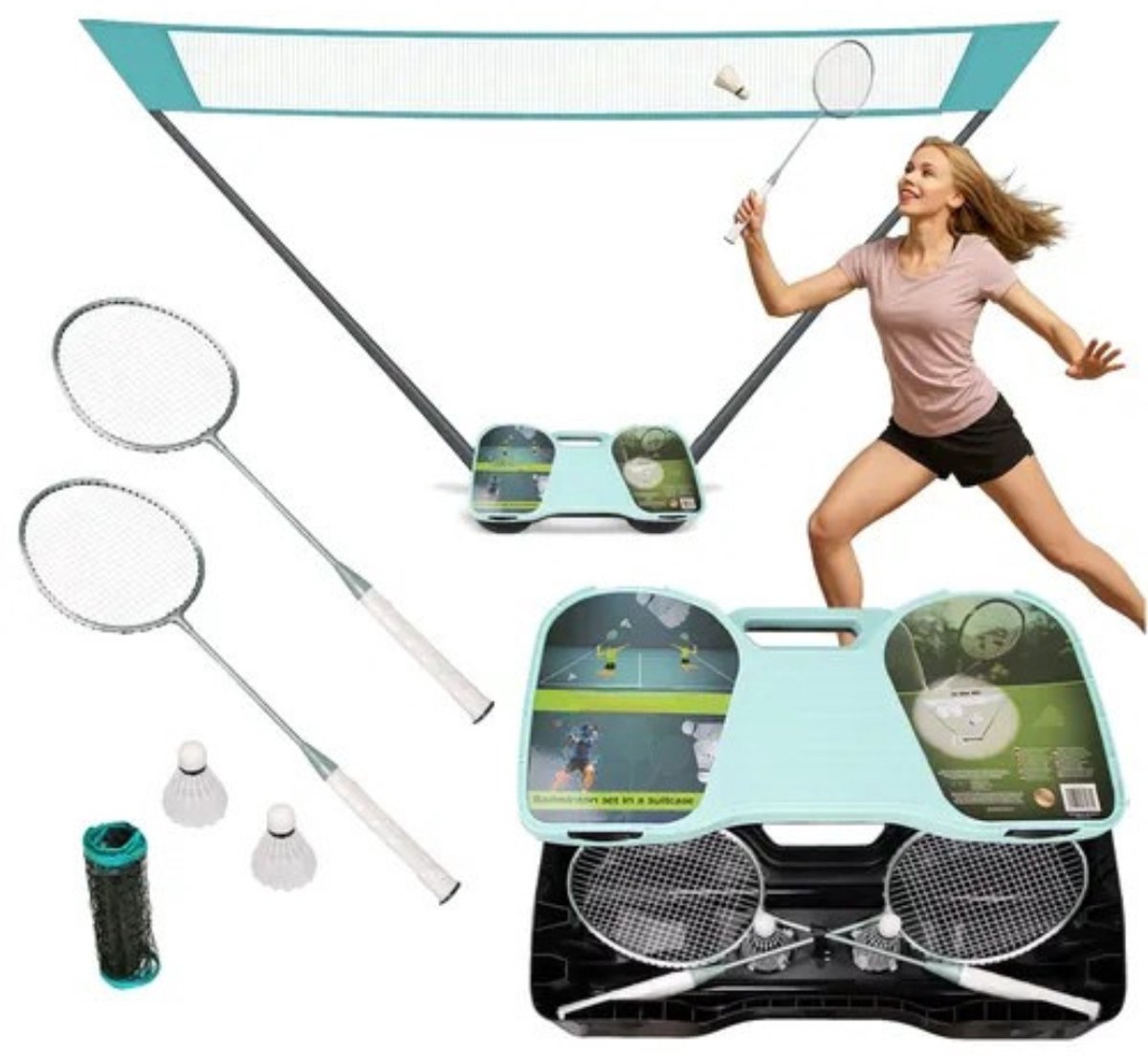 MOZY® - Badminton Set - Inclusief Badmintonrackets, Shuttles en Badmintonnet - in Koffer - Turquoise - Opvouwbaar Badmintonnet - Draagbaar Sportnet - Rackets - Badminton - Racketsport - Vakantie