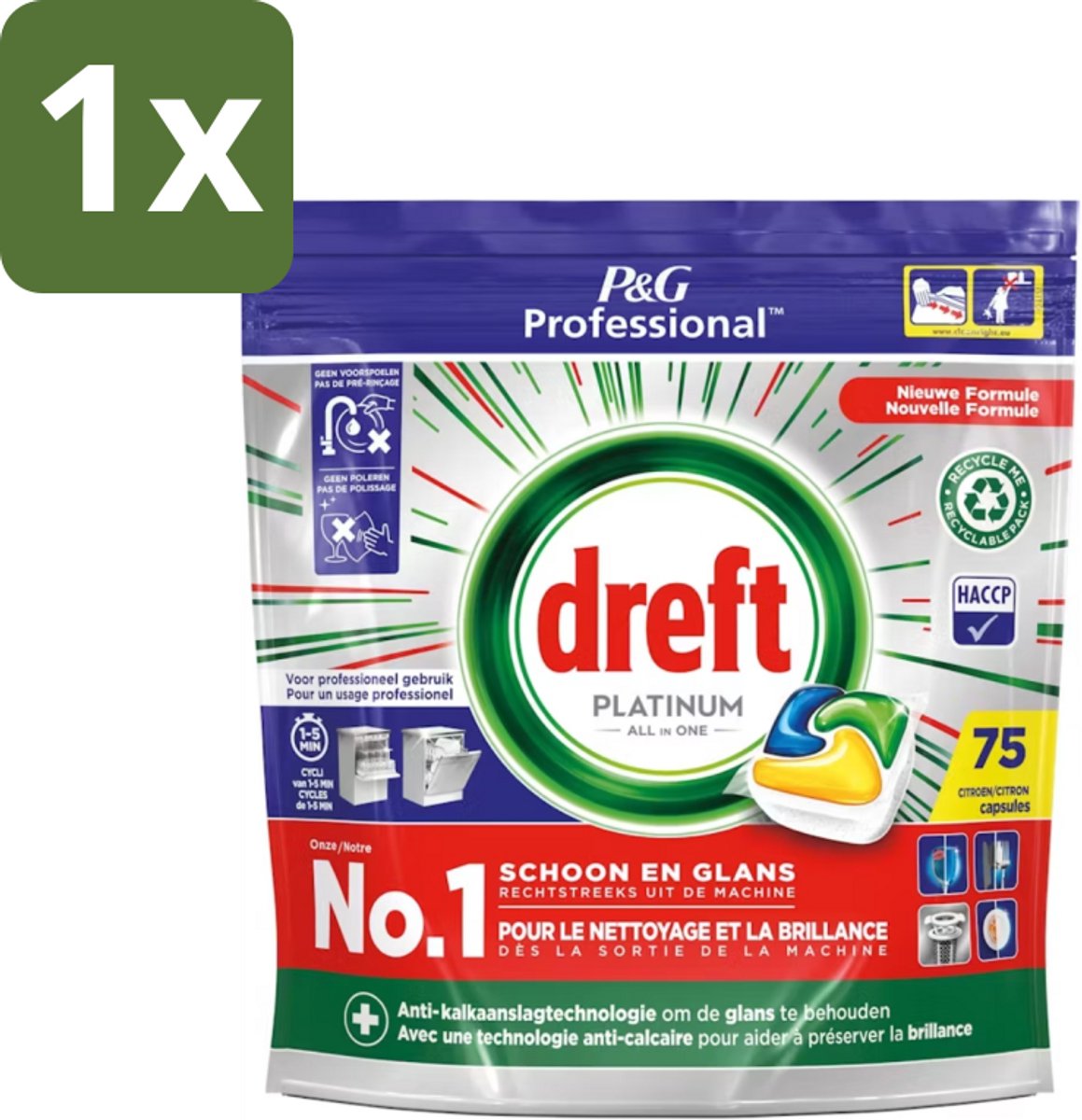 1 x Dreft Professional - Platinum All In One - Vaatwascapsules - Citroen - Antikalkaanslag - 75 Capsules - Vaatwassen - Vaatwasser - Vaatwasmiddel - Vaatwascapsules - Antikalkaanslag