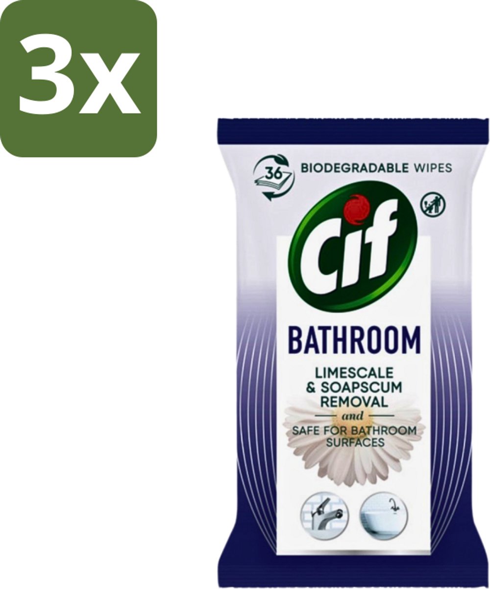 3 x Cif - Badkamer - Hygiënische Doekjes - Kalkaanslag & Zeepresten Verwijderen - 36 stuks per verpakking - Badkamer Doekjes - Hygiënische Doekjes - Reinigingsdoekjes - Kalkaanslag Verwijderen - Zeepresten Verwijderen
