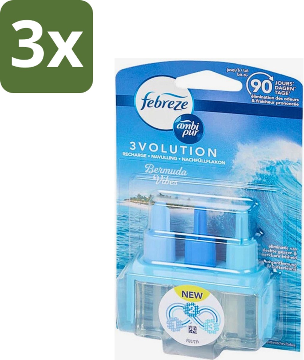 3 x Ambi Pur 3volution - Bermuda Vibes Navulling - Luchtverfrisser - 20 ml - Oceaanfrisse Geur - Luchtverfrisser - Geurverspreiding - 3Volution Systeem - Geurintensiteit