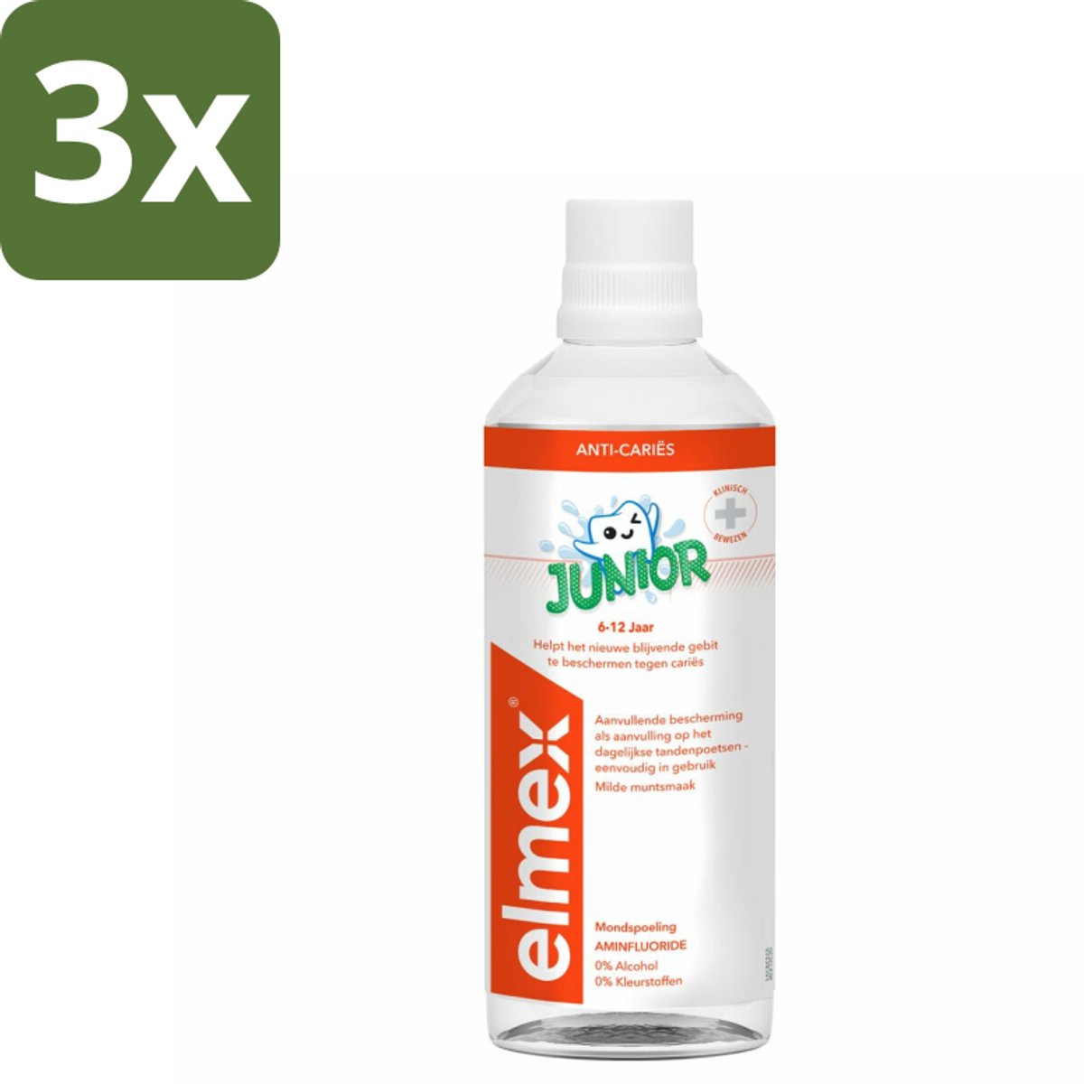 3 x Elmex Mondspoeling Junior (5-12 Jaar) 400 ml - Tandspoeling Voor Jongeren - Gaatjesbescherming - Aminfluoride - Beugelbescherming - Alcoholvrije Mondspoeling