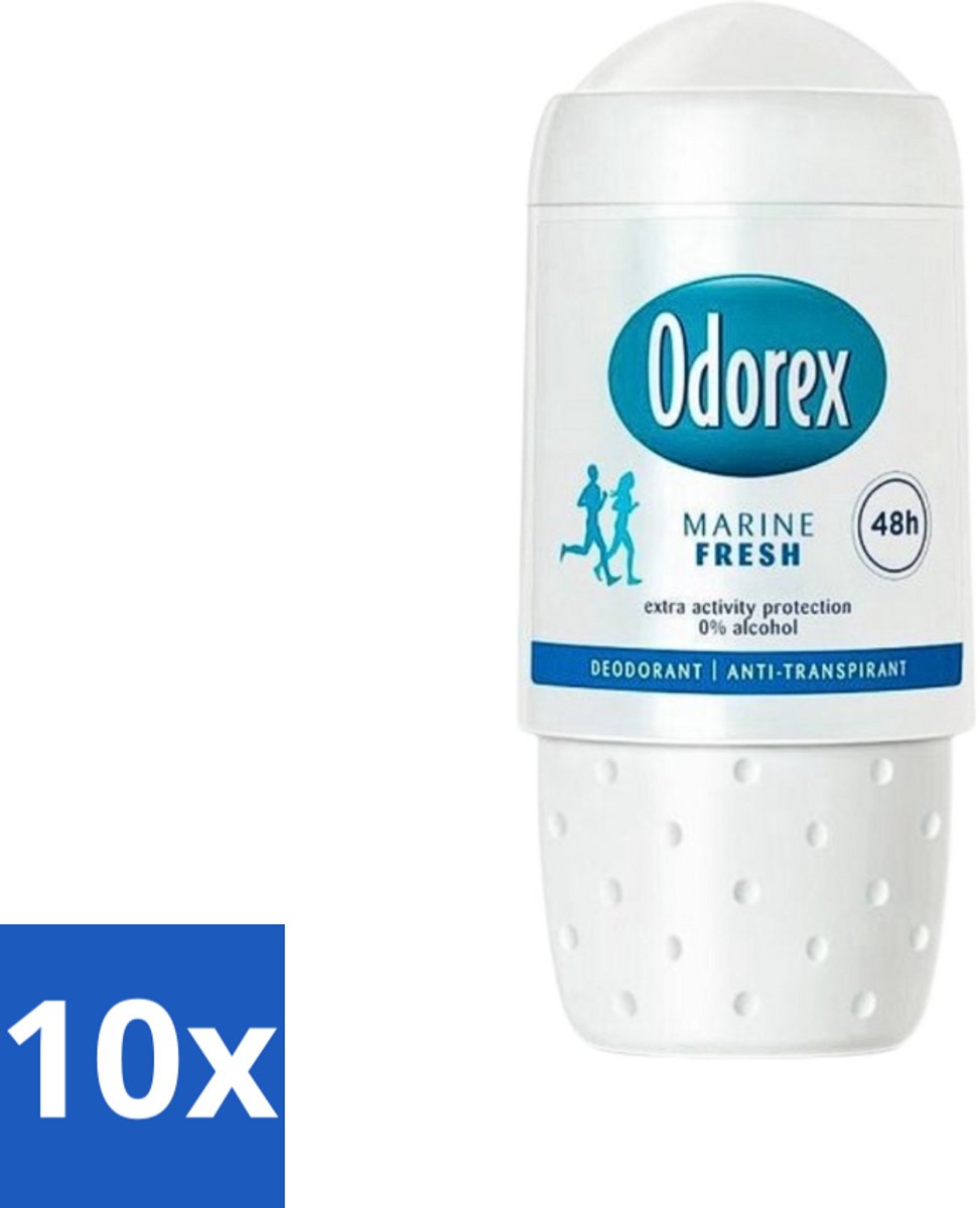 10 x Odorex - Deodorant Roller - Marine Fresh - Verkwikkende Geur - 50 ml - Deodorant Roller - Marine Geur - 48 Uur Bescherming - 0% Alcohol - Dermatologisch Goedgekeurd
