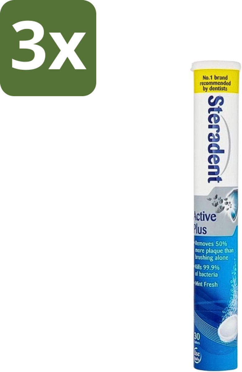 3 x Steradent - Reinigingstabletten - Active Plus - Tegen Tandsteen & Bacteriën - 30 Tabletten - Kunstgebit Reinigen - Tandsteen Verwijderen - Bacteriën Doden - Mondhygiëne - Adem Verfrissen