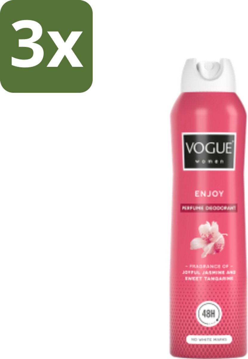 3 x Vogue Enjoy Parfum Deodorant 150 ml - Parfum En Deodorant - Deodorant Spray - 24 Uur Bescherming - Geur Van Mandarijn - Geur Van Jasmijn