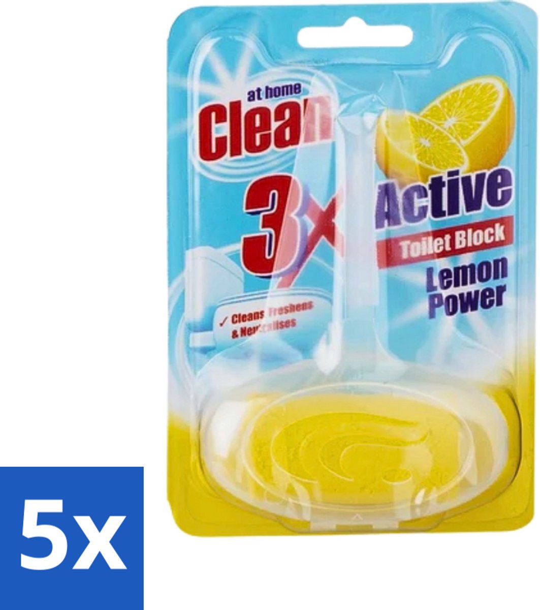 5 x At Home - Clean - Toiletblok - 3in1 Active - Lemon Power - Neutraliseert & Reinigt - 1 Blok - Toiletblok - Toilet Reinigen - Toilet Fris - Toilet Geuren Neutraliseren - Toilet Reinigingsblok