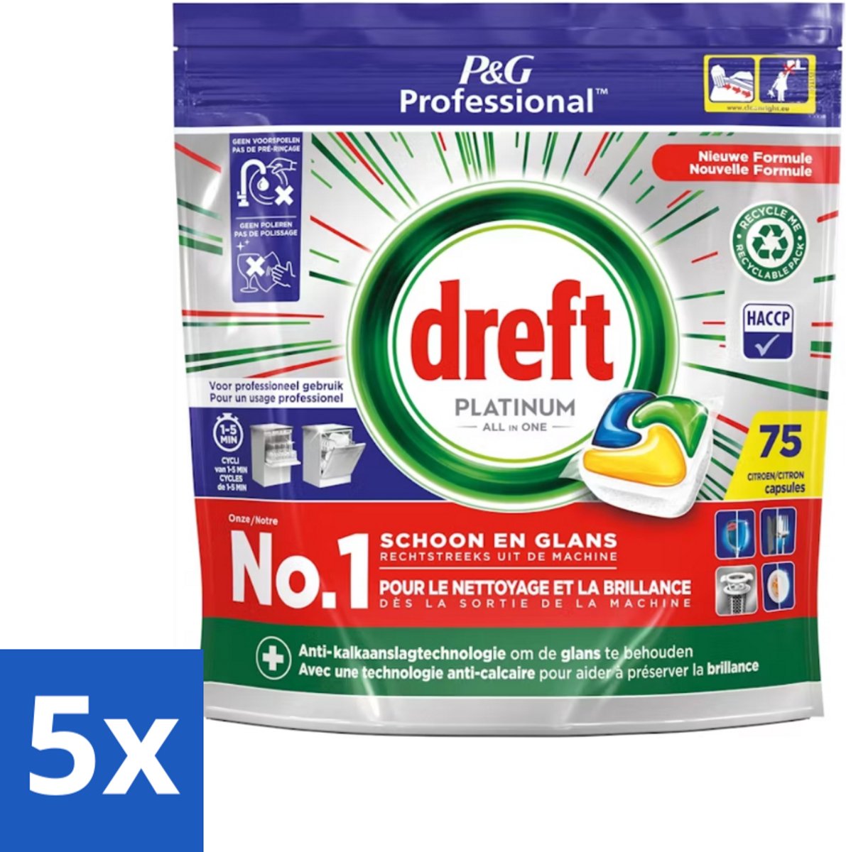 5 x Dreft Professional - Platinum All In One - Vaatwascapsules - Citroen - Antikalkaanslag - 75 Capsules - Vaatwassen - Vaatwasser - Vaatwasmiddel - Vaatwascapsules - Antikalkaanslag