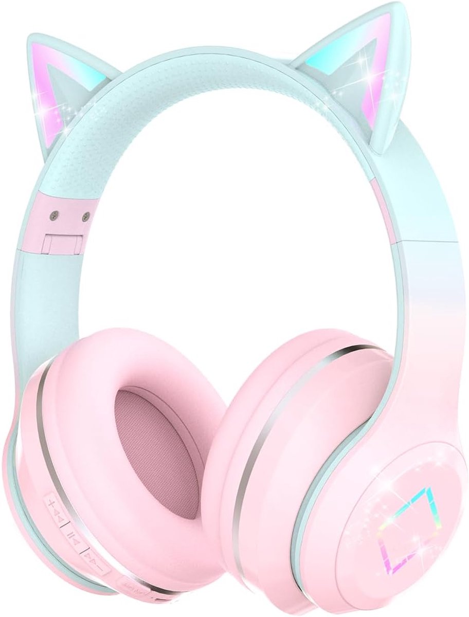 Bluetooth Kinderkoptelefoon met Kattenoren en LED Verlichting, Draadloze Hoofdtelefoon met Microfoon, Verstelbaar en Opvouwbaar, voor Tablet en School