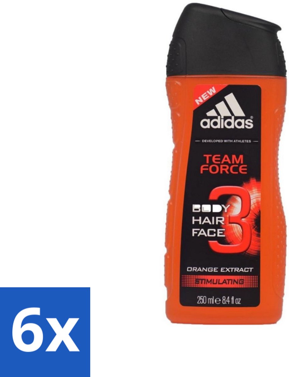 6 x Adidas - 3-in-1 Douchegel - Team Force - Sinaasappel Extract - Stimulating - 250 ml - Douchegel - Energie - Frisheid - Sinaasappel - 3-in-1