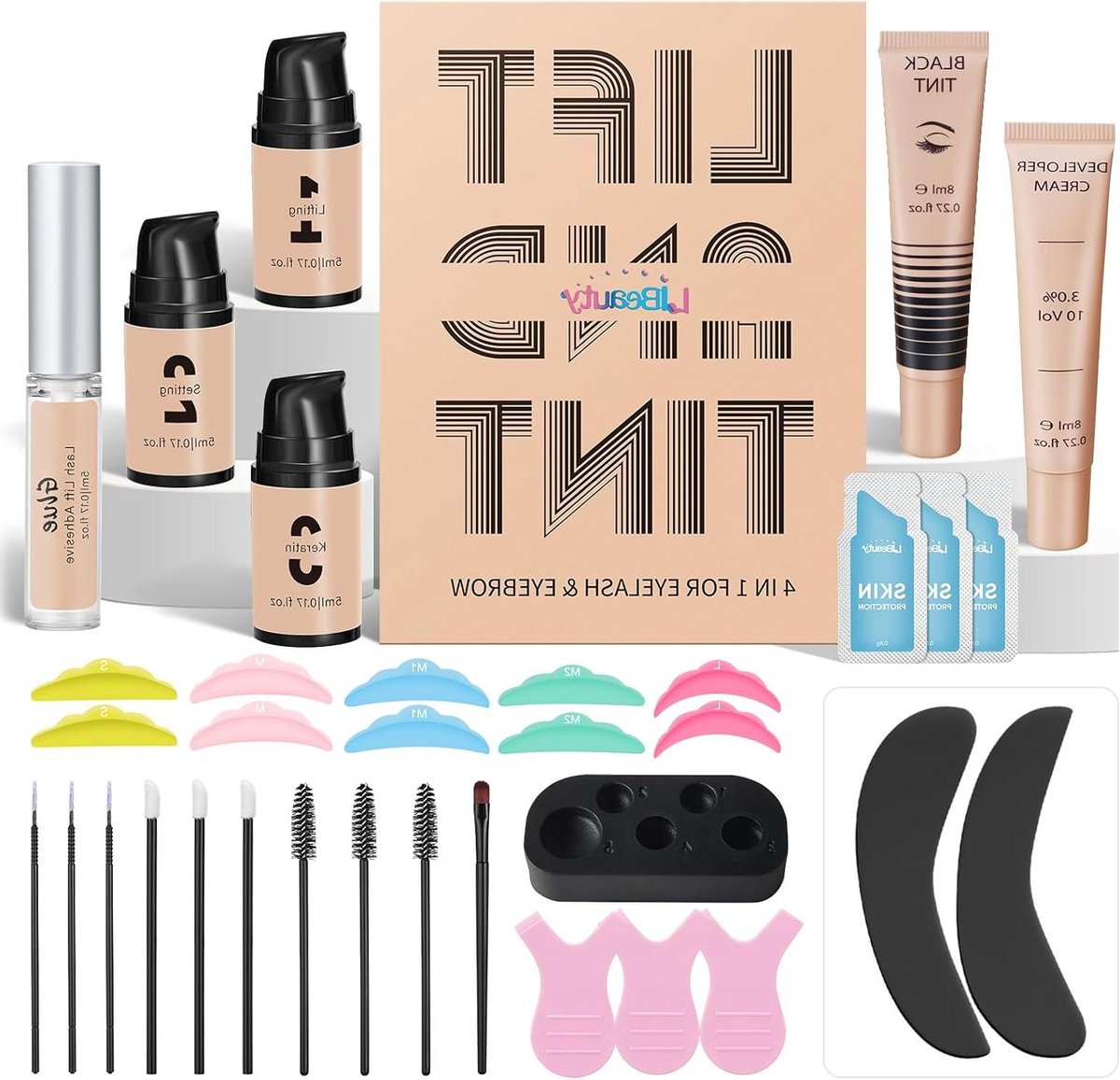 Wimperlift set - Wenkbrauw kleuring - Schoonheidsbehandeling thuis - Airless pomp behoud - 10-15 keer gebruik - Zwart
